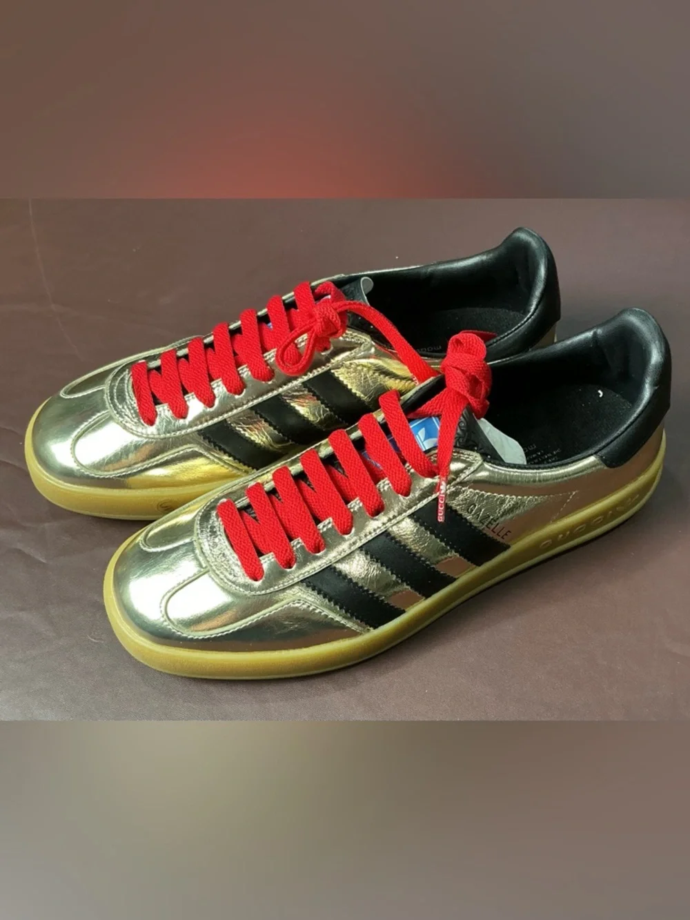 adidas Gold Metallic Sneakers with Red Laces and Black Stripes - Picture 2 of 8